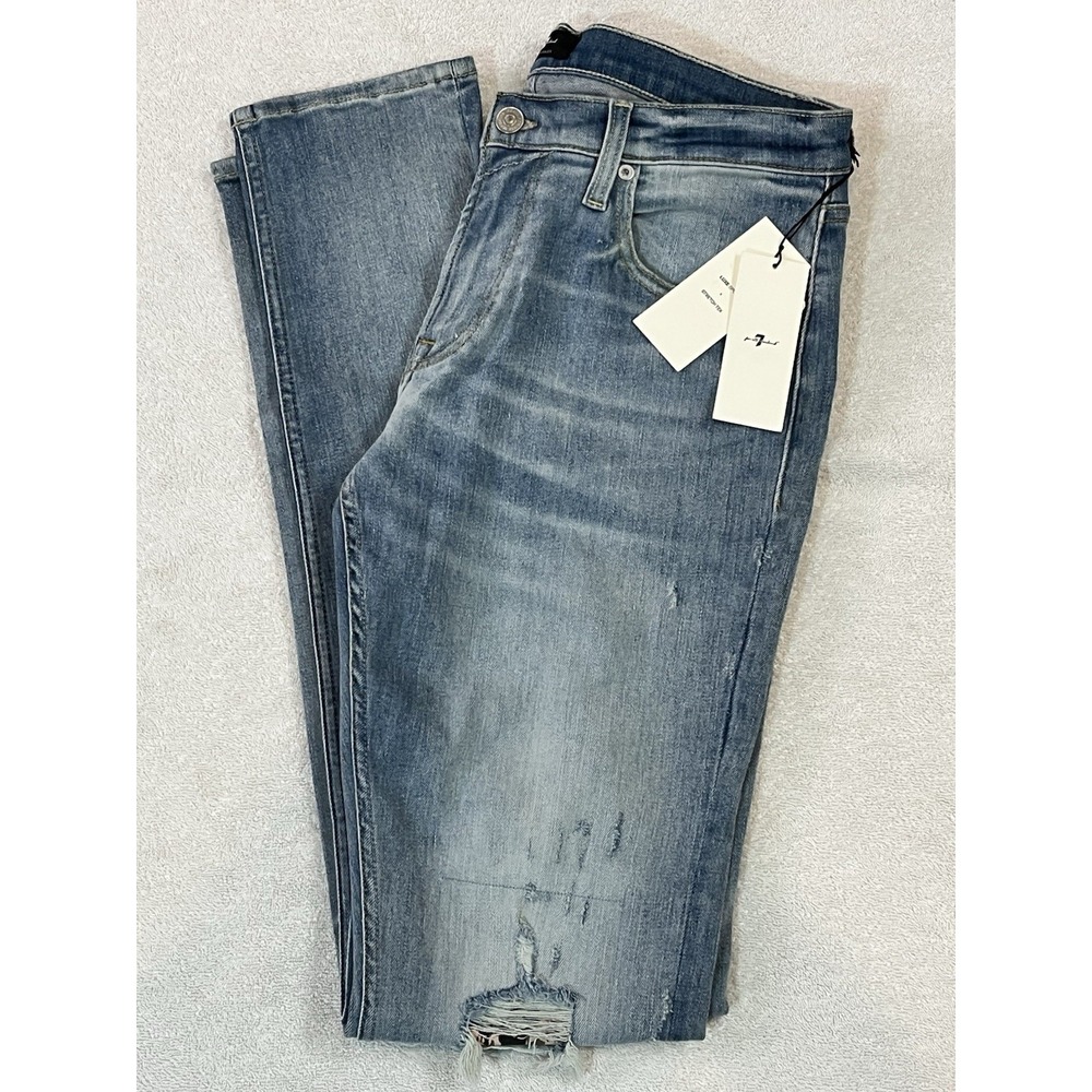 7 For All Mankind Jeans Mens 33x35 Blue The Stacked Skinny Distressed NEW NWT